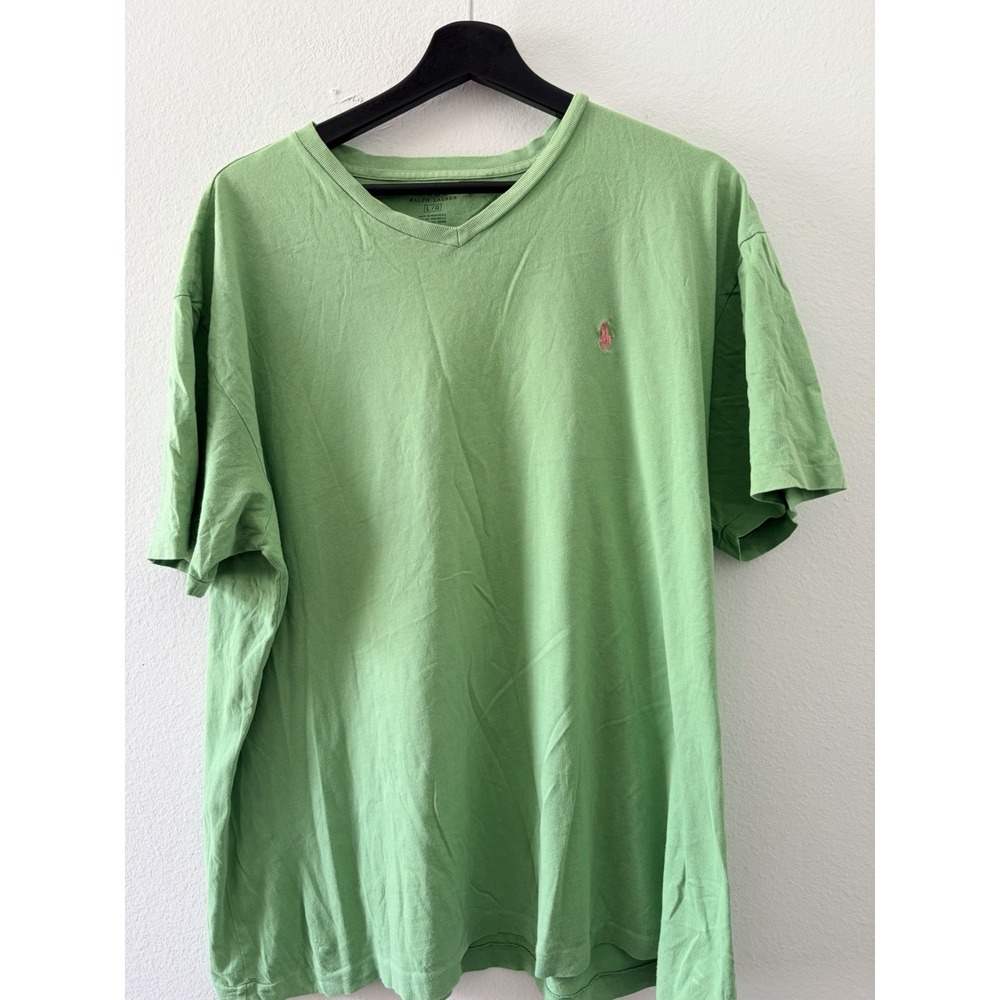Ralph Lauren Mens V-Neck T-Shirt Size Large Green Pink Logo Short Sleeve